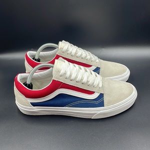 red white and blue old skool vans